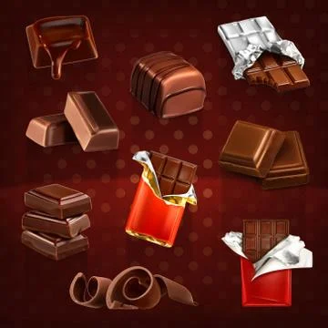 Chocolate bars and pieces, vector set dark Stock Illustration