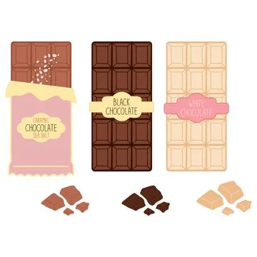 Chocolate bars displaying different flavors with sweet pieces Stock Illustration