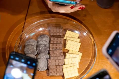 Chocolate bars made of different types of chocolate at the tasting Stock Photos
