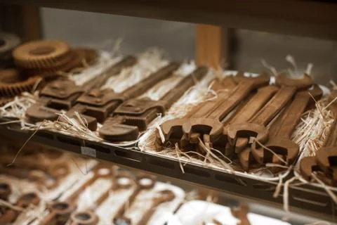 Chocolate bars with shape of workshop tools. Assorted chocolate candy shop. s 库存照片