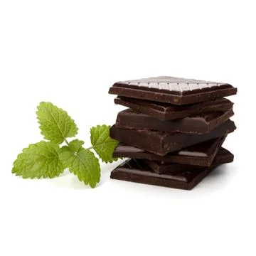 Chocolate bars stack and mint leaf 스톡 사진