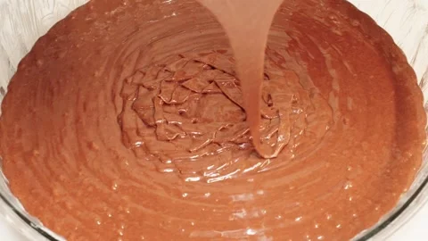 Chocolate Batter Streaming Into Baking Dish, Dessert Pouring Slow Motion Stock Footage 345436484