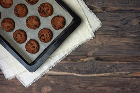 Chocolate biscuits. Top view. Rustic furnishings. Stock Photos