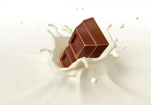 Chocolate block falling into milk splashing. Stock Illustration