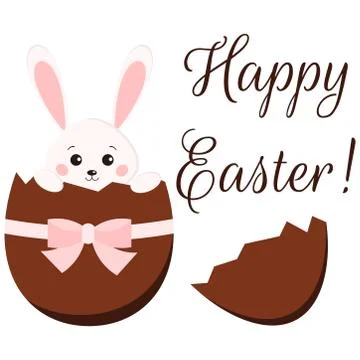 Chocolate broken Easter egg and sweet bunny rabbit inside with ribbon and bow Stock Illustration