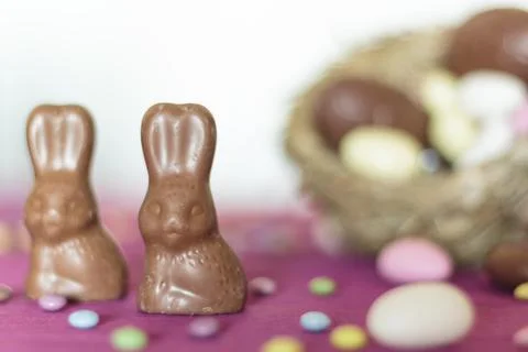 Chocolate bunnies with nest with easter sweets on the background Stock Photos