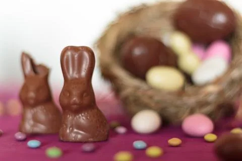 Chocolate bunnies, one missing a bite, and bird nest with easter sweets Stock Photos