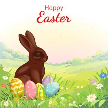 Chocolate bunny and Easter eggs in garden meadow Stock Illustration