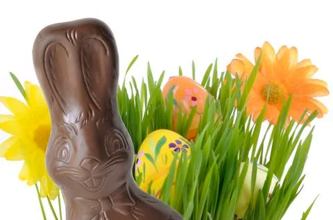 Chocolate bunny and easter eggs Stock Photos