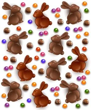 Chocolate bunny and eggs pattern background. Vector 3d realistic illustration 스톡 일러스트