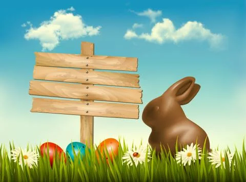 Chocolate bunny with easter eggs and a sign in a field. vector. Stockillustratie