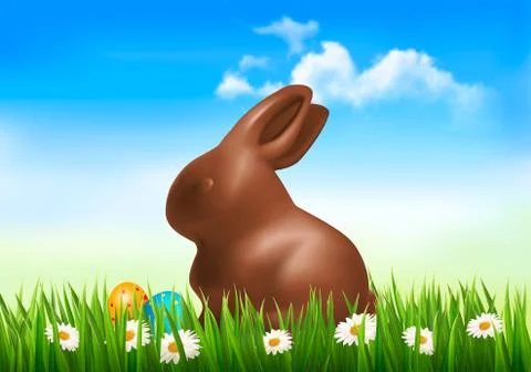 Chocolate bunny with easter eggs in grass. vector. Stock Illustration