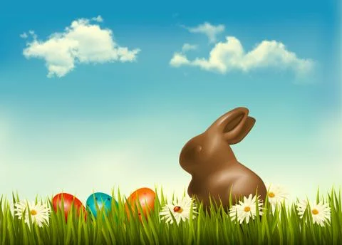 Chocolate bunny with easter eggs in grass. vector. Stock Illustration