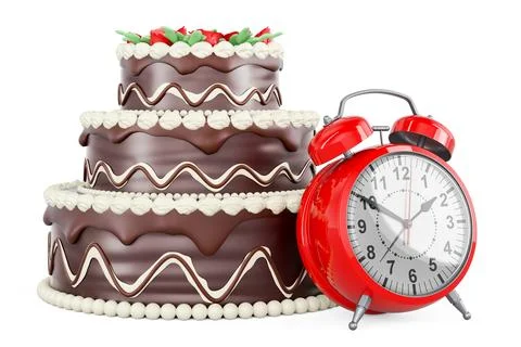 Chocolate Cake with alarm clock, 3D rendering Stock Illustration