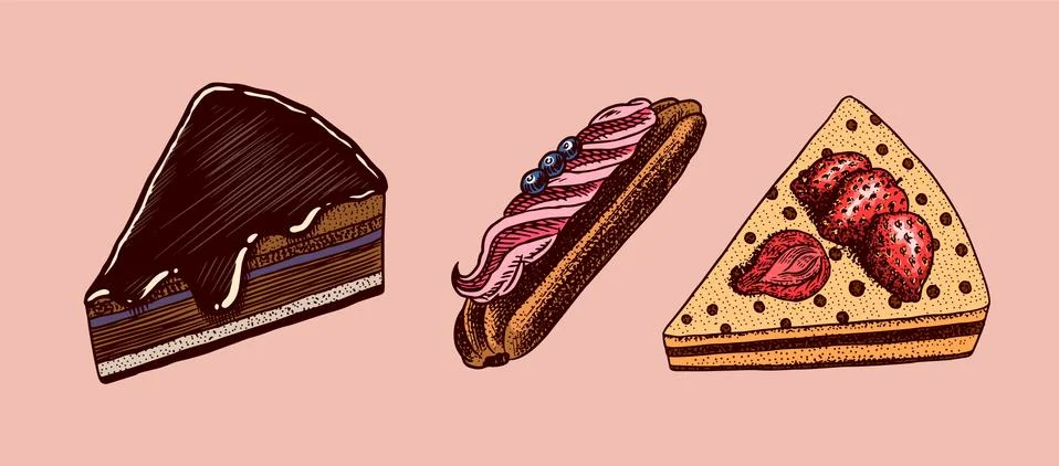Chocolate cake and Eclair. Hand drawn bakery product. Sweet Food. Vintage イラスト素材