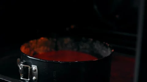 Chocolate cake baking inside a dark kitchen oven, 4K Stock Footage 341121521