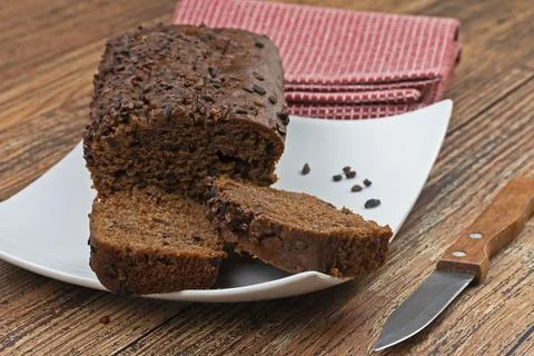 A chocolate cake close-up on a plate Stock Photos