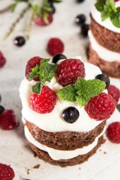 Chocolate cake decorated with raspberry, black currant, wipped cream and mint Stock Photos
