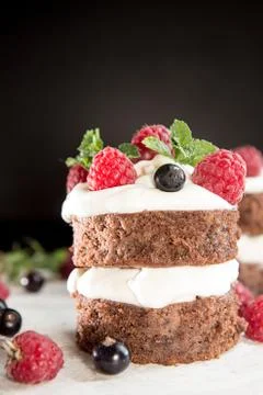 Chocolate cake decorated with raspberry, black currant, wipped cream and mint Stock Photos