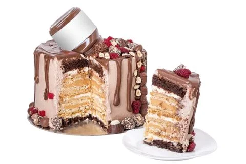 Chocolate cake made from raspberry and sweets. In section is a piece. Stock Photos