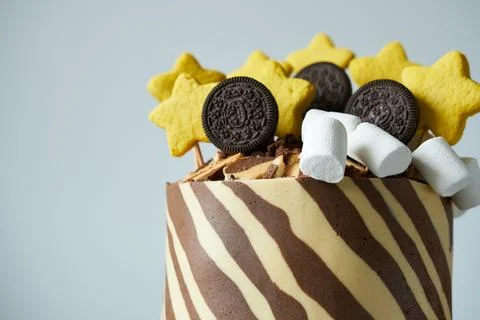 Chocolate cake with marshmallows on a gray background. Festive cake decoration. Stock Photos