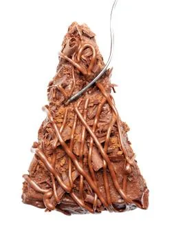 Chocolate cake piece with fork isolated on white background Stock Photos