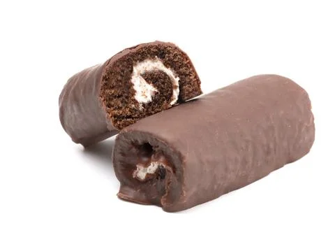 Chocolate Cake Roll on a White Background Stock Photos