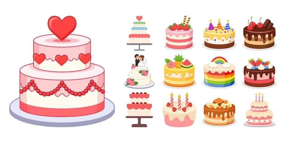 Chocolate cake set collection in flat colorful style. Bakery pie vector ill.. Illustrazione stock
