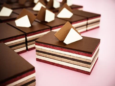 Chocolate cake slices with multiple layers. 3D illustration Stock Illustration