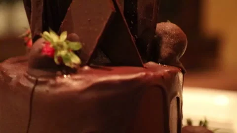 Chocolate cake with strawberry close up Stock Footage 139850465