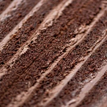 Chocolate cake texture or background. Piece of brown layered dessert with cream Stock Photos
