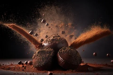 Chocolate candies in the midst of a massive explosion of dark chocolate, ch.. 스톡 일러스트
