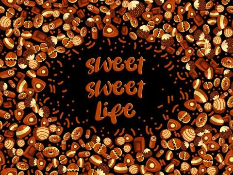 Chocolate candy frame of choco candies on black background. Chocolate candy Stock Illustration