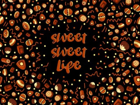 Chocolate candy frame of choco candies on black background. Chocolate candy Stock Illustration