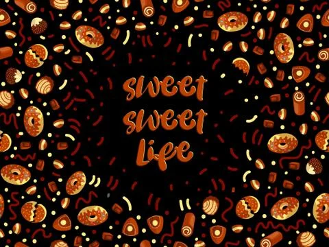 Chocolate candy frame of choco candies on black background. Chocolate candy Stock Illustration