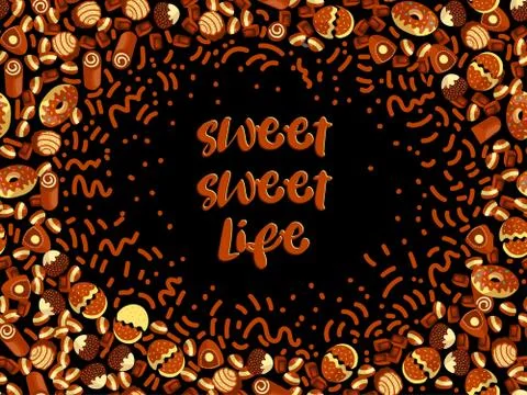 Chocolate candy frame of choco candies on black background. Chocolate candy Stock Illustration