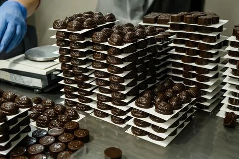Chocolate candy making. Chocolates in gift box, various luxury pralines Fotos de archivo