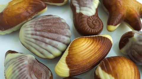 Chocolate candy seashells chocolate background Foto stock
