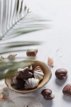 Chocolate candy shell shape dessert sweets Stockfoto's