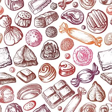 Chocolate candy. Vector seamless pattern on white background. Hand drawn sket Stock Illustration