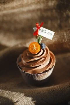 Chocolate capcake on a dark background decorated with kumquat and blueberries. Stock Photos
