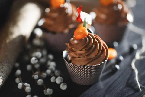 Chocolate capcake on a dark background decorated with kumquat and blueberries. Stock Photos