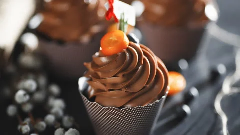 Chocolate capcake on a dark background Stock Footage 89917569