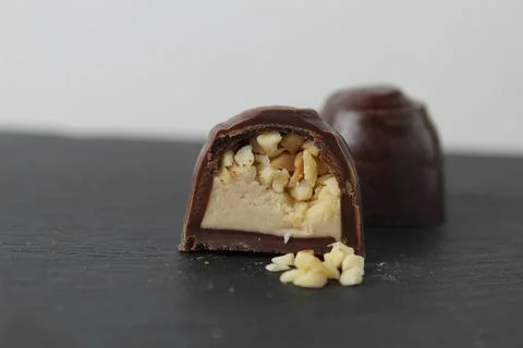 Chocolate case candy in section with praline peanuts crushed on a gray backgr Stock Photos