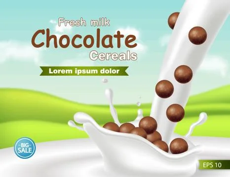 Chocolate cereals in milk splash Vector realistic mock up. Product placement  Stockillustratie