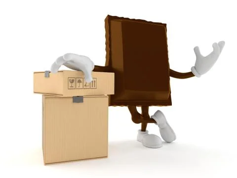 Chocolate character with stack of boxes Stockillustratie