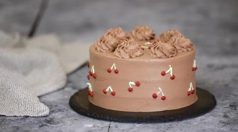 Chocolate Cherry Layer Cake with Whipped Cream. Stock Photos