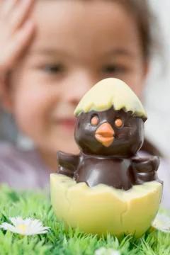 A chocolate chick hatching out of an egg (Easter) Stock Photos
