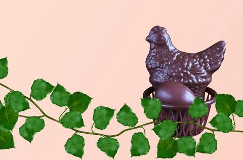 Chocolate chicken and eggs in an Easter basket, on a pink background with green 写真素材