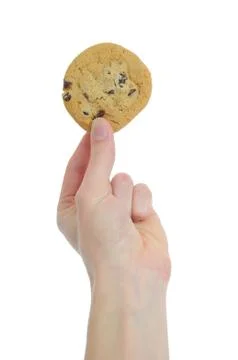 Chocolate chip cookie being help up against an isolated white background Stock Photos